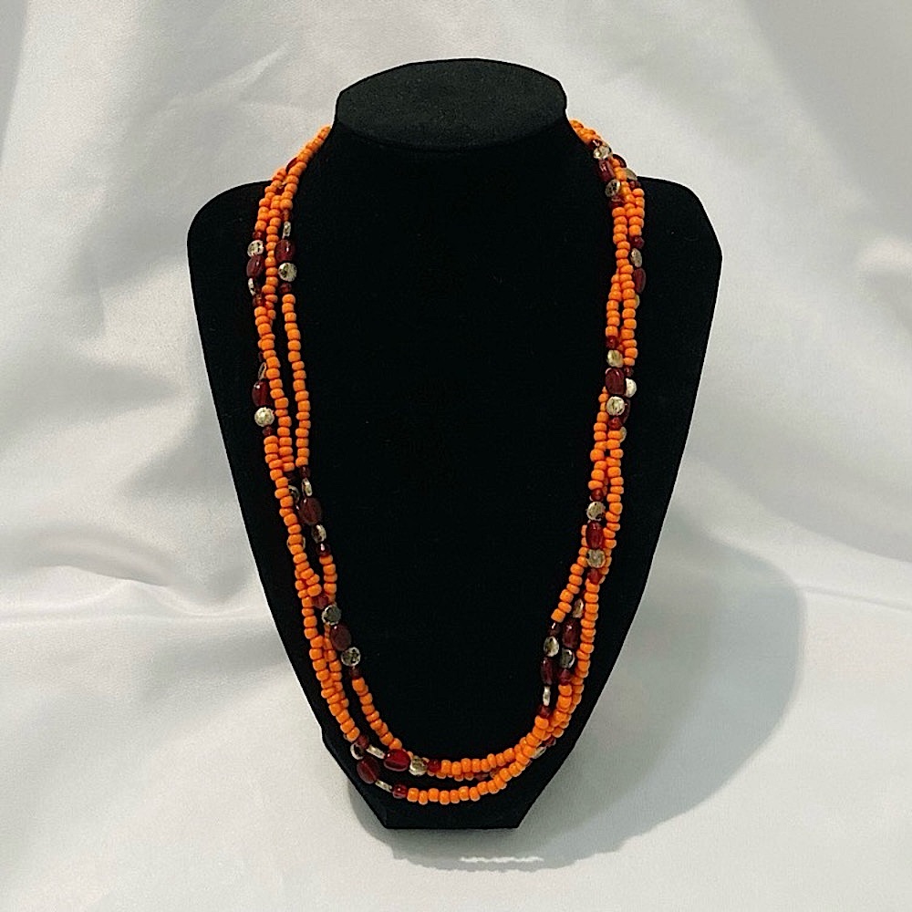 💫 Vintage Red Orange And Silver Beaded Layered Necklace